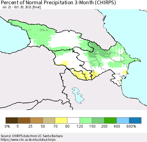 Azerbaijan, Armenia and Georgia Percent of Normal Precipitation 3-Month (CHIRPS) Thematic Map For 7/21/2021 - 10/20/2021