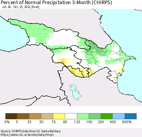 Azerbaijan, Armenia and Georgia Percent of Normal Precipitation 3-Month (CHIRPS) Thematic Map For 7/26/2021 - 10/25/2021