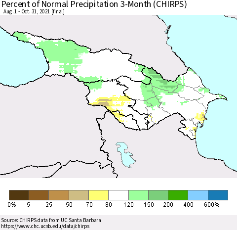 Azerbaijan, Armenia and Georgia Percent of Normal Precipitation 3-Month (CHIRPS) Thematic Map For 8/1/2021 - 10/31/2021