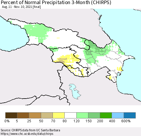 Azerbaijan, Armenia and Georgia Percent of Normal Precipitation 3-Month (CHIRPS) Thematic Map For 8/11/2021 - 11/10/2021