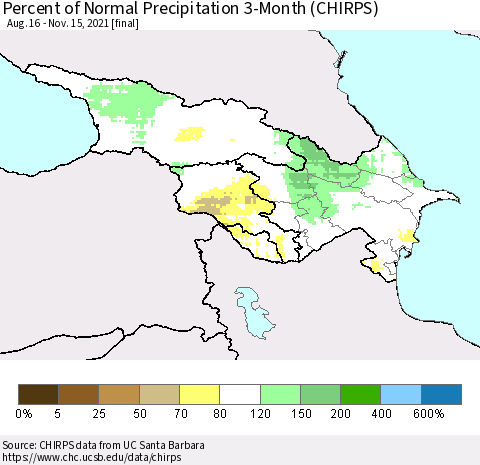 Azerbaijan, Armenia and Georgia Percent of Normal Precipitation 3-Month (CHIRPS) Thematic Map For 8/16/2021 - 11/15/2021