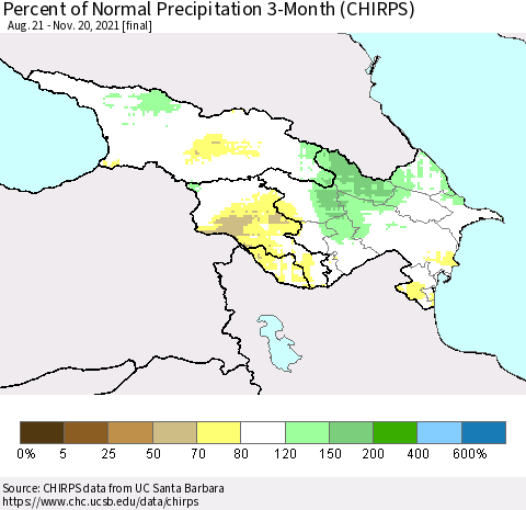 Azerbaijan, Armenia and Georgia Percent of Normal Precipitation 3-Month (CHIRPS) Thematic Map For 8/21/2021 - 11/20/2021