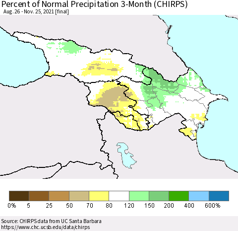 Azerbaijan, Armenia and Georgia Percent of Normal Precipitation 3-Month (CHIRPS) Thematic Map For 8/26/2021 - 11/25/2021
