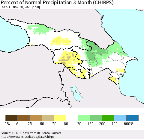 Azerbaijan, Armenia and Georgia Percent of Normal Precipitation 3-Month (CHIRPS) Thematic Map For 9/1/2021 - 11/30/2021