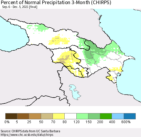 Azerbaijan, Armenia and Georgia Percent of Normal Precipitation 3-Month (CHIRPS) Thematic Map For 9/6/2021 - 12/5/2021