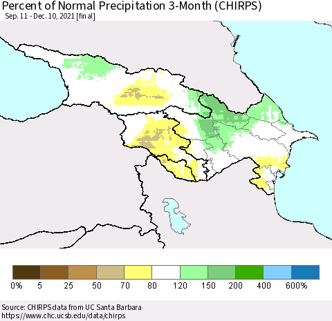 Azerbaijan, Armenia and Georgia Percent of Normal Precipitation 3-Month (CHIRPS) Thematic Map For 9/11/2021 - 12/10/2021