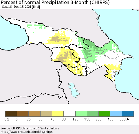 Azerbaijan, Armenia and Georgia Percent of Normal Precipitation 3-Month (CHIRPS) Thematic Map For 9/16/2021 - 12/15/2021