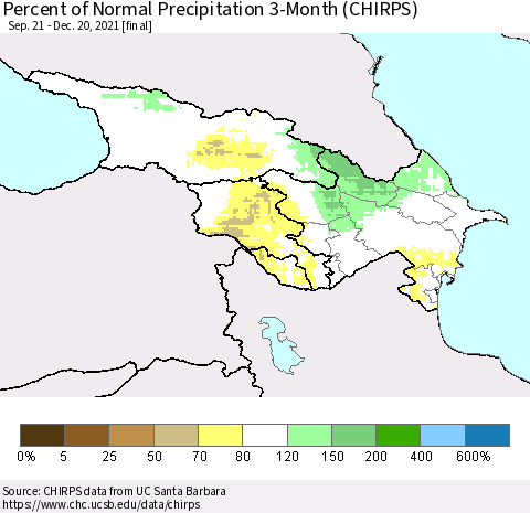 Azerbaijan, Armenia and Georgia Percent of Normal Precipitation 3-Month (CHIRPS) Thematic Map For 9/21/2021 - 12/20/2021