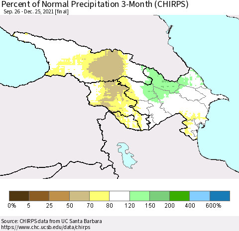 Azerbaijan, Armenia and Georgia Percent of Normal Precipitation 3-Month (CHIRPS) Thematic Map For 9/26/2021 - 12/25/2021