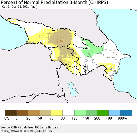 Azerbaijan, Armenia and Georgia Percent of Normal Precipitation 3-Month (CHIRPS) Thematic Map For 10/1/2021 - 12/31/2021