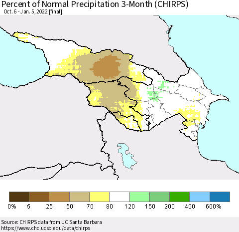 Azerbaijan, Armenia and Georgia Percent of Normal Precipitation 3-Month (CHIRPS) Thematic Map For 10/6/2021 - 1/5/2022