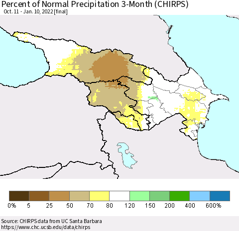 Azerbaijan, Armenia and Georgia Percent of Normal Precipitation 3-Month (CHIRPS) Thematic Map For 10/11/2021 - 1/10/2022
