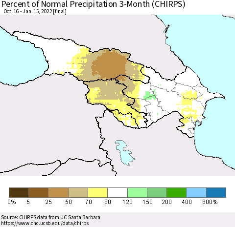 Azerbaijan, Armenia and Georgia Percent of Normal Precipitation 3-Month (CHIRPS) Thematic Map For 10/16/2021 - 1/15/2022