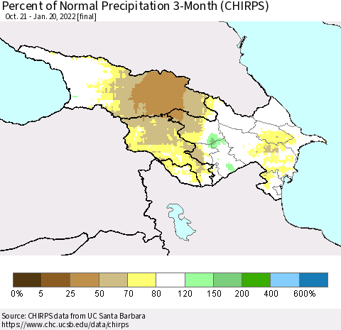Azerbaijan, Armenia and Georgia Percent of Normal Precipitation 3-Month (CHIRPS) Thematic Map For 10/21/2021 - 1/20/2022