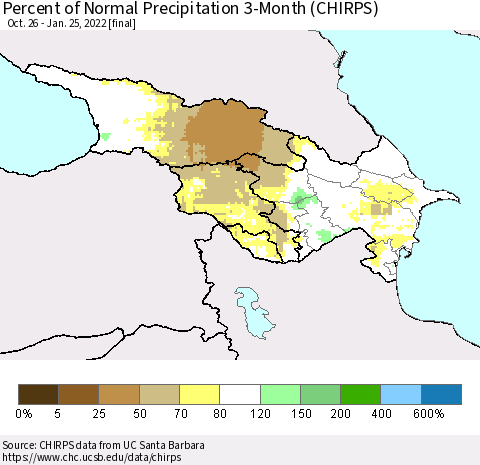 Azerbaijan, Armenia and Georgia Percent of Normal Precipitation 3-Month (CHIRPS) Thematic Map For 10/26/2021 - 1/25/2022