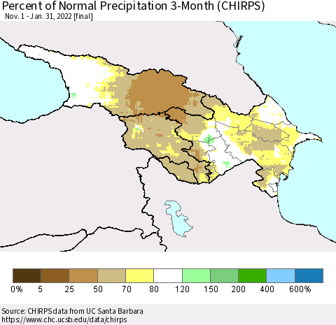 Azerbaijan, Armenia and Georgia Percent of Normal Precipitation 3-Month (CHIRPS) Thematic Map For 11/1/2021 - 1/31/2022