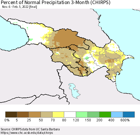 Azerbaijan, Armenia and Georgia Percent of Normal Precipitation 3-Month (CHIRPS) Thematic Map For 11/6/2021 - 2/5/2022