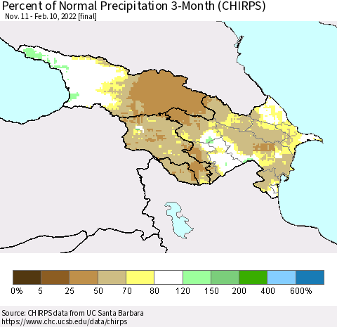 Azerbaijan, Armenia and Georgia Percent of Normal Precipitation 3-Month (CHIRPS) Thematic Map For 11/11/2021 - 2/10/2022