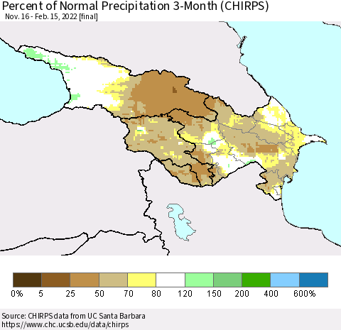 Azerbaijan, Armenia and Georgia Percent of Normal Precipitation 3-Month (CHIRPS) Thematic Map For 11/16/2021 - 2/15/2022