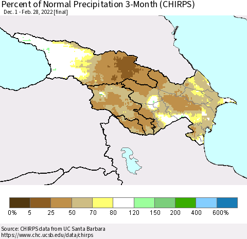 Azerbaijan, Armenia and Georgia Percent of Normal Precipitation 3-Month (CHIRPS) Thematic Map For 12/1/2021 - 2/28/2022