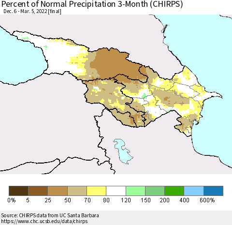 Azerbaijan, Armenia and Georgia Percent of Normal Precipitation 3-Month (CHIRPS) Thematic Map For 12/6/2021 - 3/5/2022