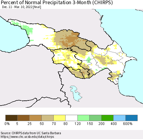 Azerbaijan, Armenia and Georgia Percent of Normal Precipitation 3-Month (CHIRPS) Thematic Map For 12/11/2021 - 3/10/2022