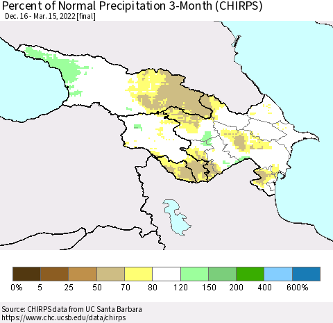 Azerbaijan, Armenia and Georgia Percent of Normal Precipitation 3-Month (CHIRPS) Thematic Map For 12/16/2021 - 3/15/2022