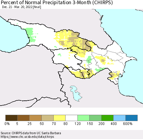Azerbaijan, Armenia and Georgia Percent of Normal Precipitation 3-Month (CHIRPS) Thematic Map For 12/21/2021 - 3/20/2022