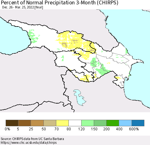 Azerbaijan, Armenia and Georgia Percent of Normal Precipitation 3-Month (CHIRPS) Thematic Map For 12/26/2021 - 3/25/2022