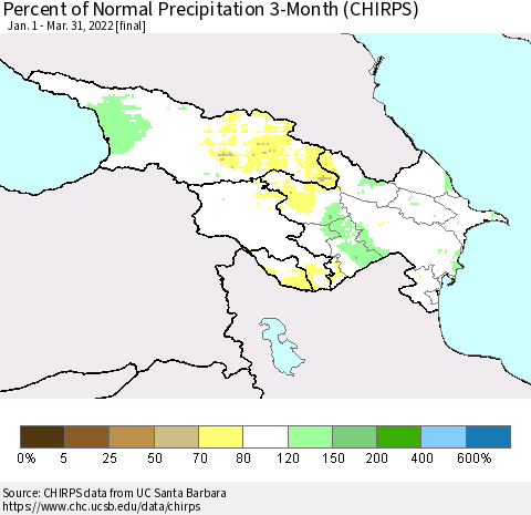 Azerbaijan, Armenia and Georgia Percent of Normal Precipitation 3-Month (CHIRPS) Thematic Map For 1/1/2022 - 3/31/2022