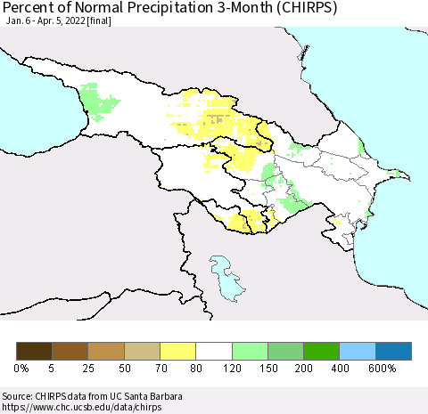 Azerbaijan, Armenia and Georgia Percent of Normal Precipitation 3-Month (CHIRPS) Thematic Map For 1/6/2022 - 4/5/2022