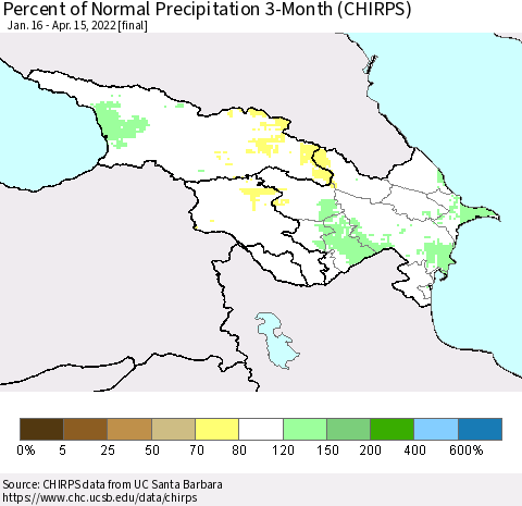 Azerbaijan, Armenia and Georgia Percent of Normal Precipitation 3-Month (CHIRPS) Thematic Map For 1/16/2022 - 4/15/2022