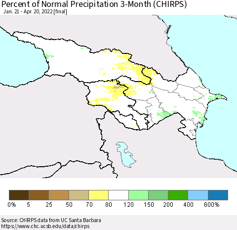 Azerbaijan, Armenia and Georgia Percent of Normal Precipitation 3-Month (CHIRPS) Thematic Map For 1/21/2022 - 4/20/2022