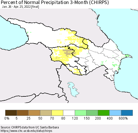Azerbaijan, Armenia and Georgia Percent of Normal Precipitation 3-Month (CHIRPS) Thematic Map For 1/26/2022 - 4/25/2022