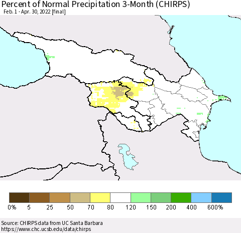 Azerbaijan, Armenia and Georgia Percent of Normal Precipitation 3-Month (CHIRPS) Thematic Map For 2/1/2022 - 4/30/2022