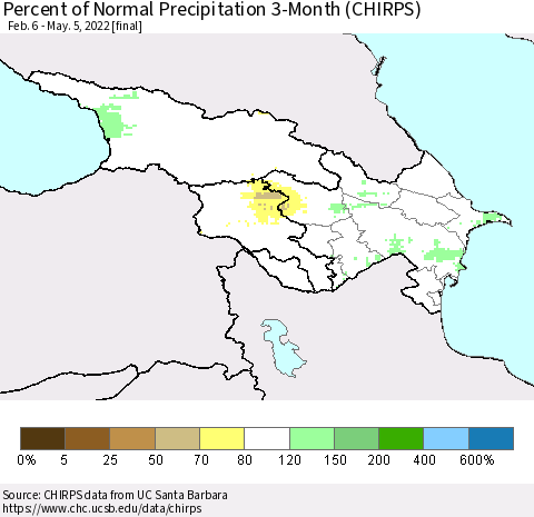 Azerbaijan, Armenia and Georgia Percent of Normal Precipitation 3-Month (CHIRPS) Thematic Map For 2/6/2022 - 5/5/2022