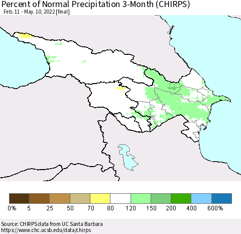Azerbaijan, Armenia and Georgia Percent of Normal Precipitation 3-Month (CHIRPS) Thematic Map For 2/11/2022 - 5/10/2022