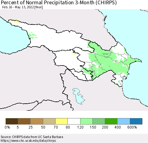 Azerbaijan, Armenia and Georgia Percent of Normal Precipitation 3-Month (CHIRPS) Thematic Map For 2/16/2022 - 5/15/2022
