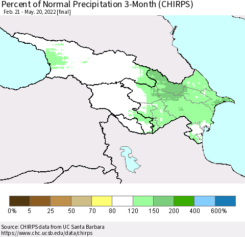 Azerbaijan, Armenia and Georgia Percent of Normal Precipitation 3-Month (CHIRPS) Thematic Map For 2/21/2022 - 5/20/2022