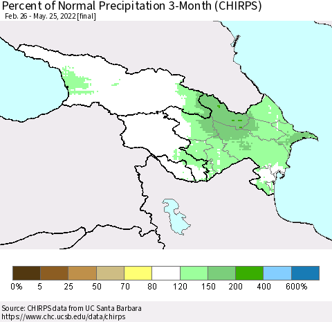 Azerbaijan, Armenia and Georgia Percent of Normal Precipitation 3-Month (CHIRPS) Thematic Map For 2/26/2022 - 5/25/2022