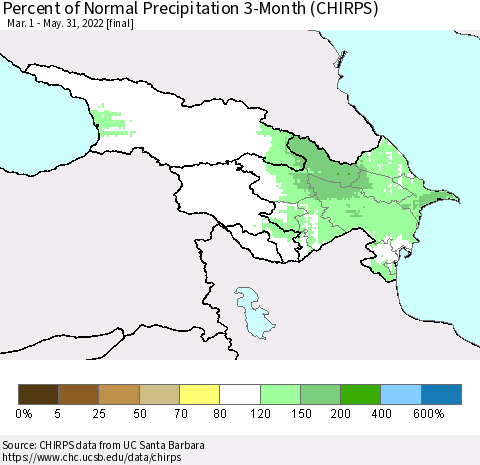 Azerbaijan, Armenia and Georgia Percent of Normal Precipitation 3-Month (CHIRPS) Thematic Map For 3/1/2022 - 5/31/2022