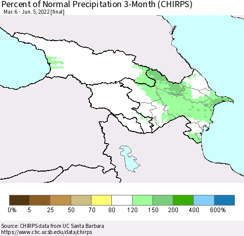 Azerbaijan, Armenia and Georgia Percent of Normal Precipitation 3-Month (CHIRPS) Thematic Map For 3/6/2022 - 6/5/2022