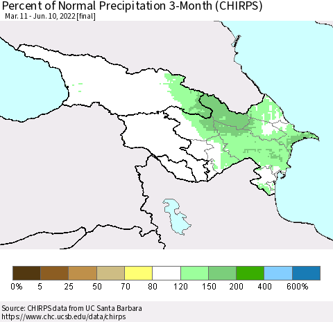 Azerbaijan, Armenia and Georgia Percent of Normal Precipitation 3-Month (CHIRPS) Thematic Map For 3/11/2022 - 6/10/2022