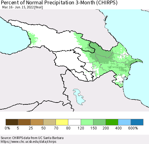 Azerbaijan, Armenia and Georgia Percent of Normal Precipitation 3-Month (CHIRPS) Thematic Map For 3/16/2022 - 6/15/2022