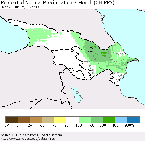 Azerbaijan, Armenia and Georgia Percent of Normal Precipitation 3-Month (CHIRPS) Thematic Map For 3/26/2022 - 6/25/2022