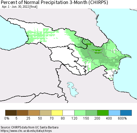 Azerbaijan, Armenia and Georgia Percent of Normal Precipitation 3-Month (CHIRPS) Thematic Map For 4/1/2022 - 6/30/2022