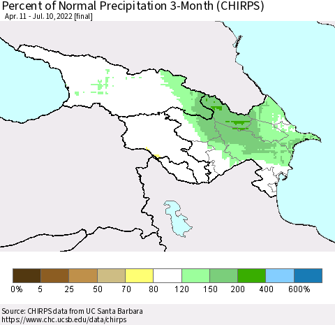 Azerbaijan, Armenia and Georgia Percent of Normal Precipitation 3-Month (CHIRPS) Thematic Map For 4/11/2022 - 7/10/2022