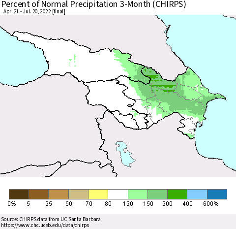 Azerbaijan, Armenia and Georgia Percent of Normal Precipitation 3-Month (CHIRPS) Thematic Map For 4/21/2022 - 7/20/2022