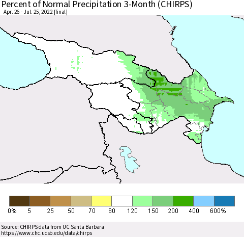 Azerbaijan, Armenia and Georgia Percent of Normal Precipitation 3-Month (CHIRPS) Thematic Map For 4/26/2022 - 7/25/2022