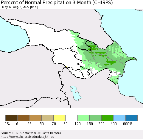 Azerbaijan, Armenia and Georgia Percent of Normal Precipitation 3-Month (CHIRPS) Thematic Map For 5/6/2022 - 8/5/2022